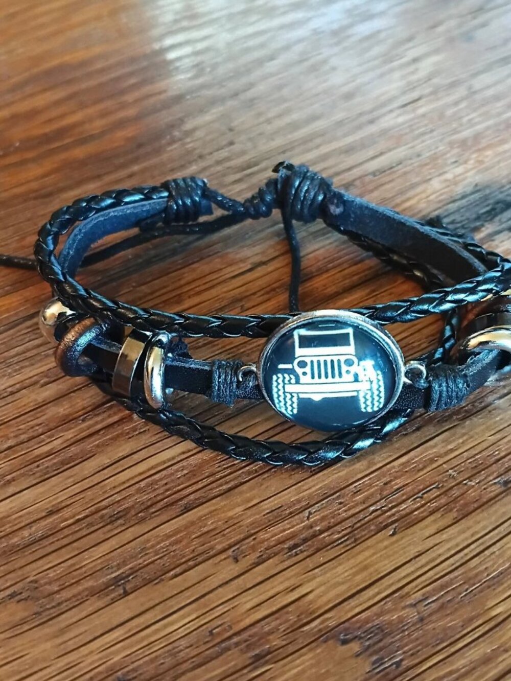 Jeep Black Corded Leather Bracelet Adjustable Braided Logo Unisex